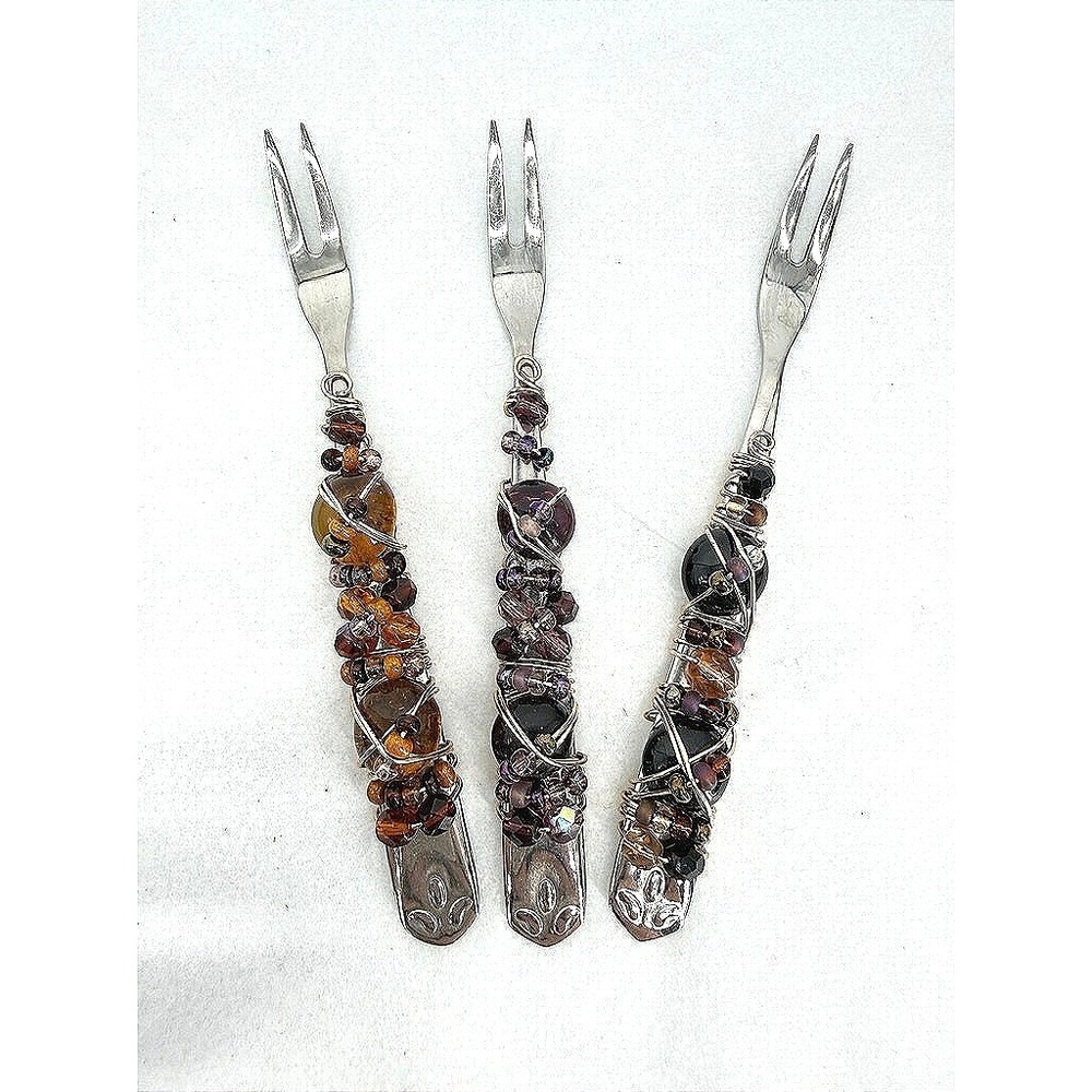 Wire Wrapped Beaded Cocktail Appetizer Fork Set of 3pc Elegant Serving Utensils